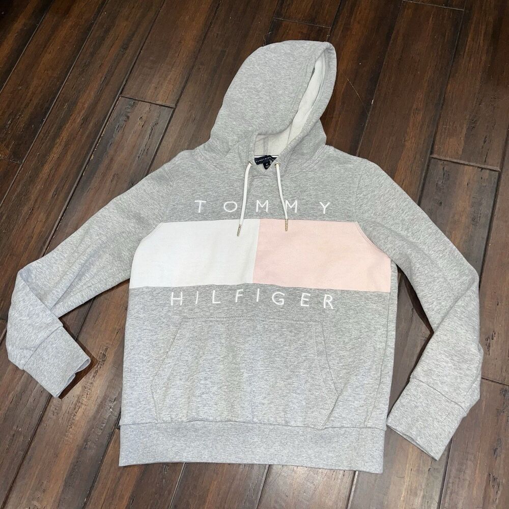 Tommy Hilfiger Women Hoodie Medium Pullover Grey Jumper Designer Hooded